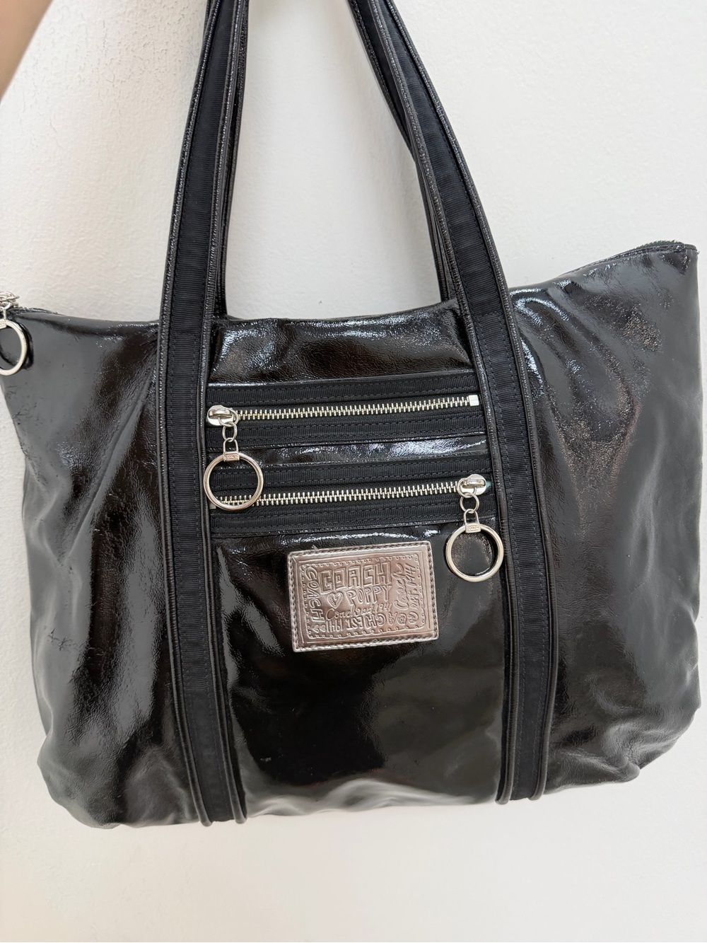 Coach Black Patent Leather Tote with Silver Hardware